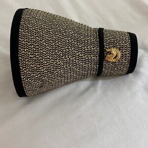 Woven Paper Straw Visor Black Tan Equestrian Gold Horsebit Sun Hat 148-1
